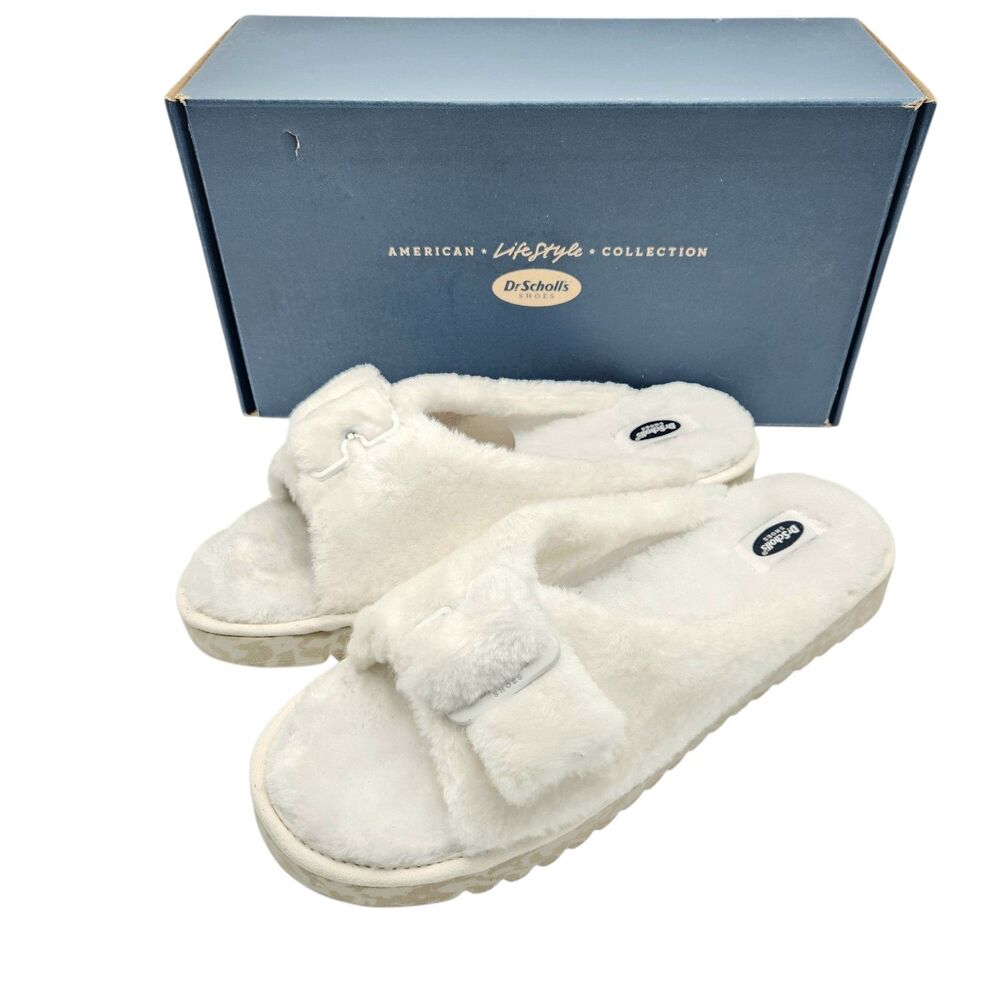Dr. Scholl's Open Toe Off White Faux Fur Slipper Slides Women's 9 Minimalist